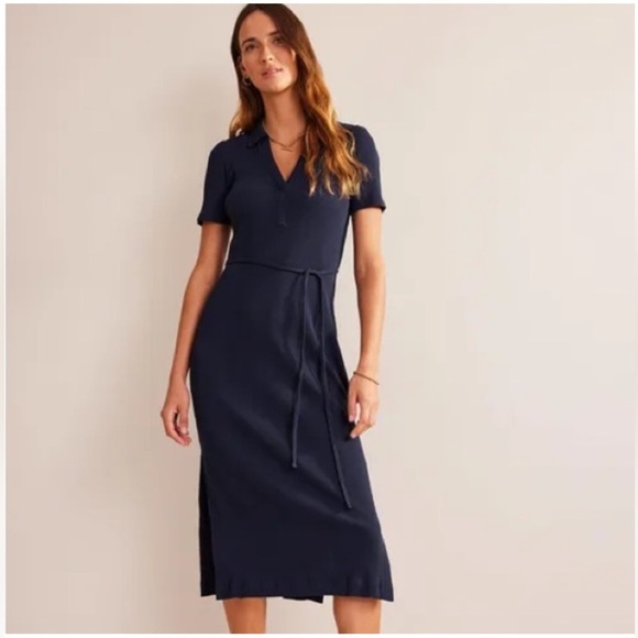 Boden Navy Ribbed Jersey Midi Shirt Dress Belted Collared Short Sleeve Sz 6 - Picture 1 of 13